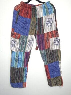Colorful Patchwork Hippie Bohemian Cotton Pants Pockets Size Medium